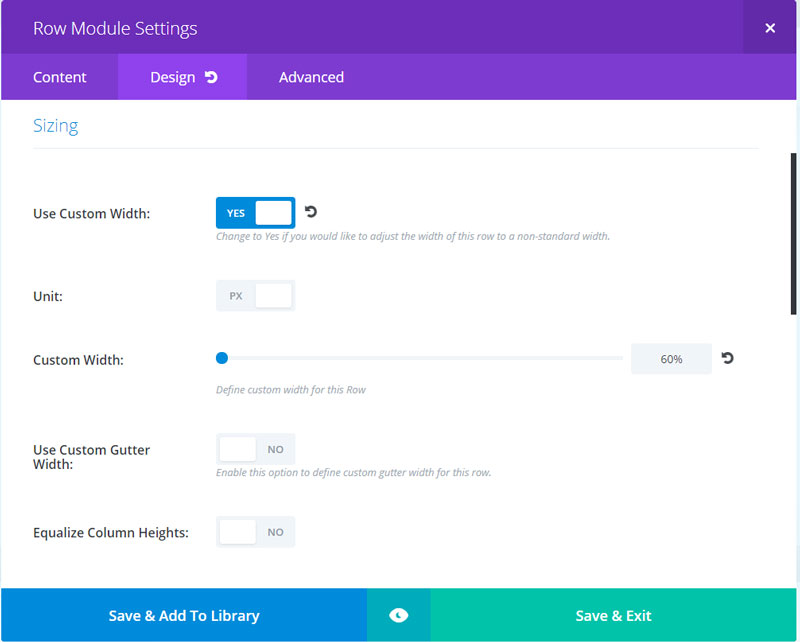 Divi row custom width